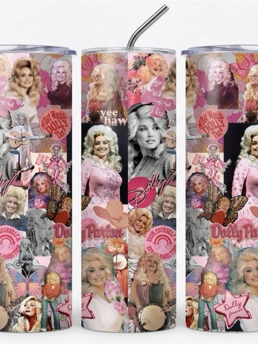 Dolly Parton Pink Collage Hair Wig-Themed Travel Tumbler, NEW